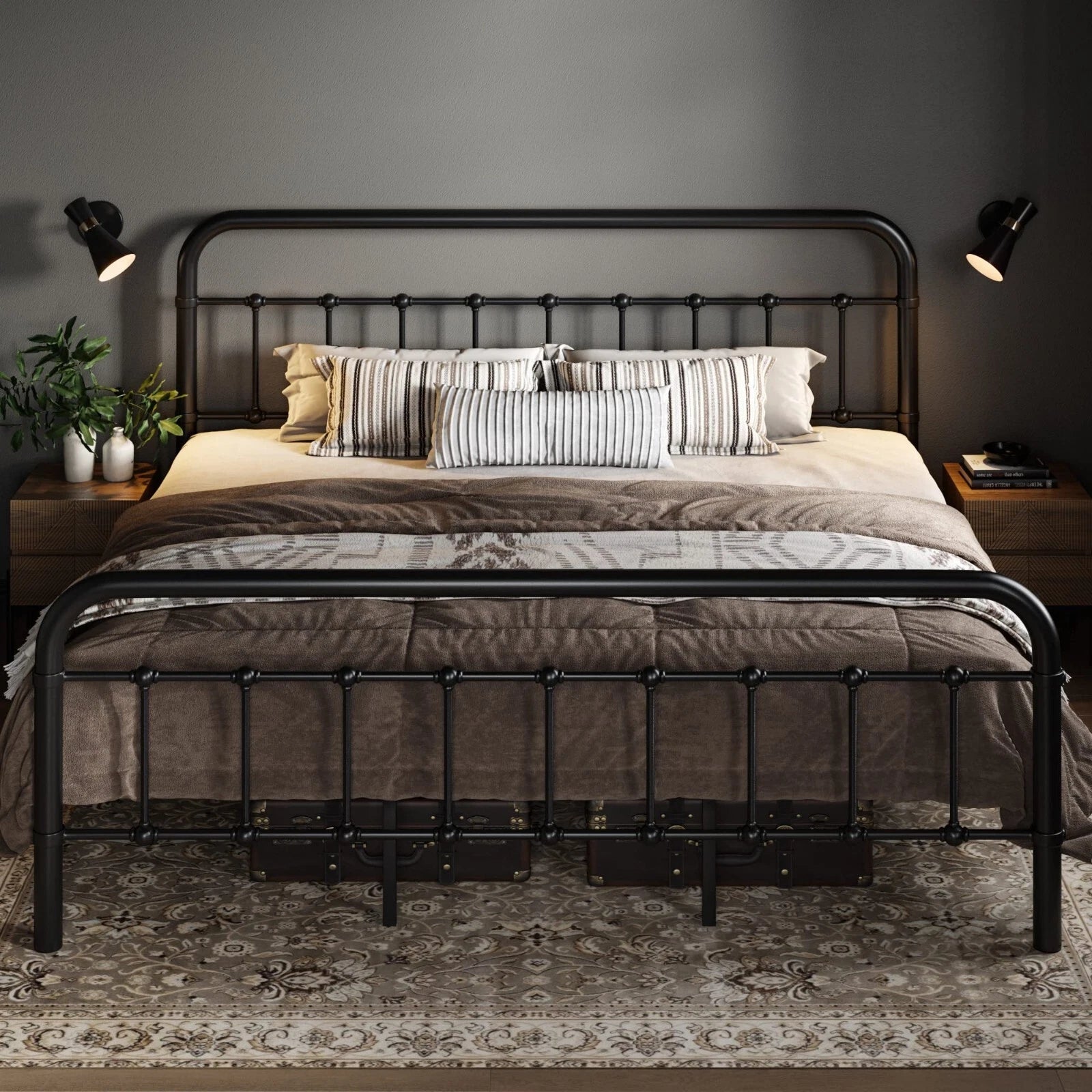 Metal Platform Bed Frame & Victorian Style Wrought Iron-Art Headboad, Black