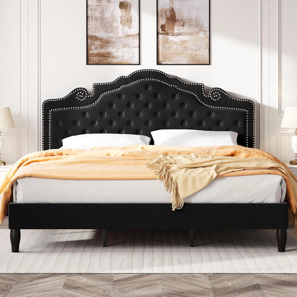King Size Platfrom Bed Frame with Adjustable Headboard/Velvet Upholstered Diamon