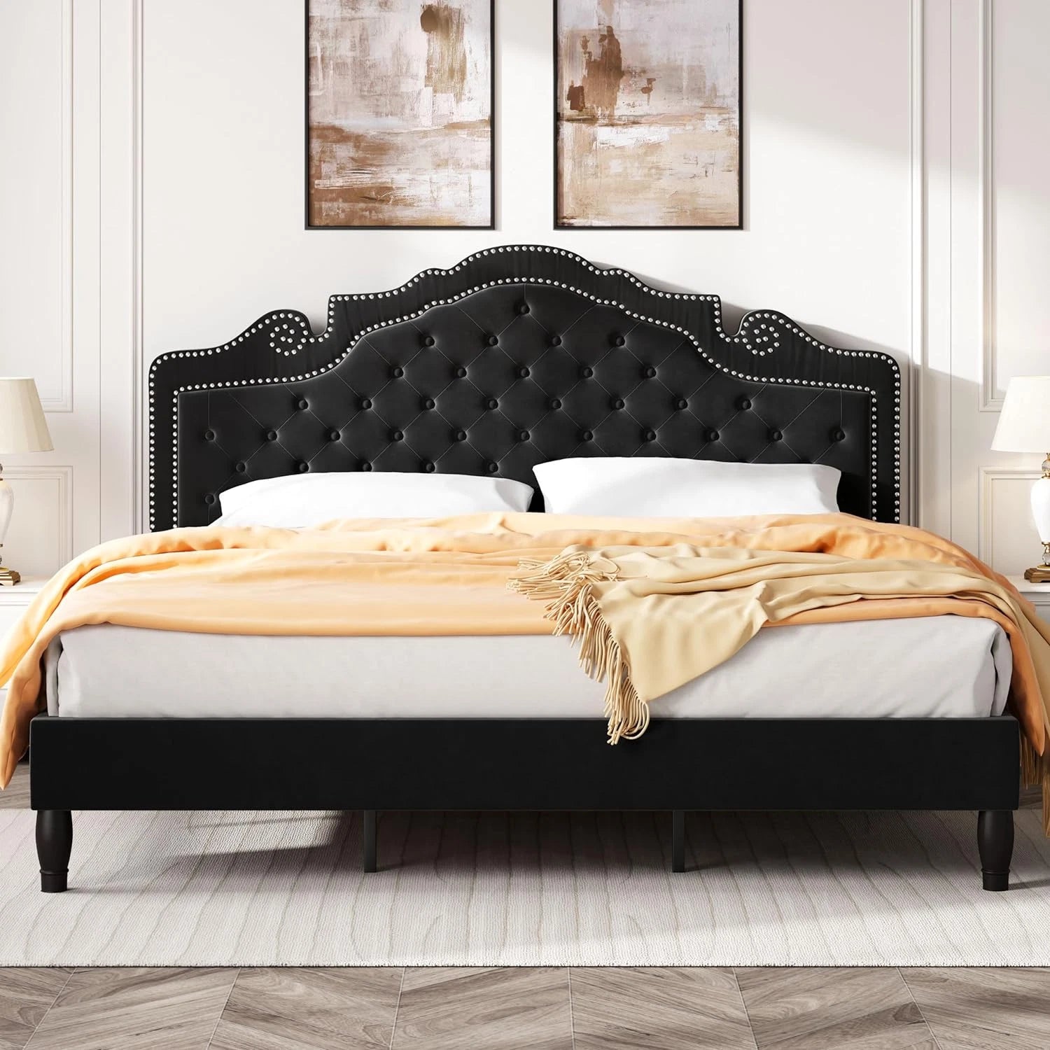 King Size Platfrom Bed Frame with Adjustable Headboard/Velvet Upholstered Diamon