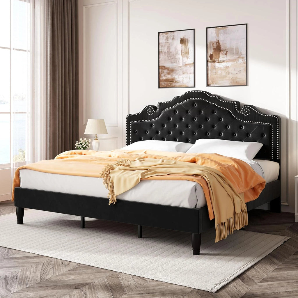 King Size Platfrom Bed Frame with Adjustable Headboard/Velvet Upholstered Diamon