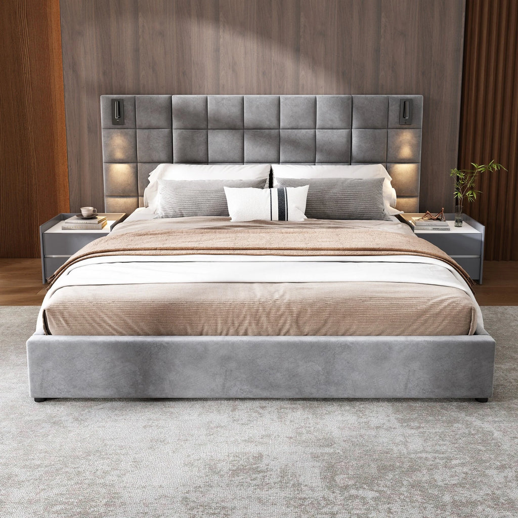 King Size Upholstered Velvet Platform Bedframe & Headboar,wide headboard