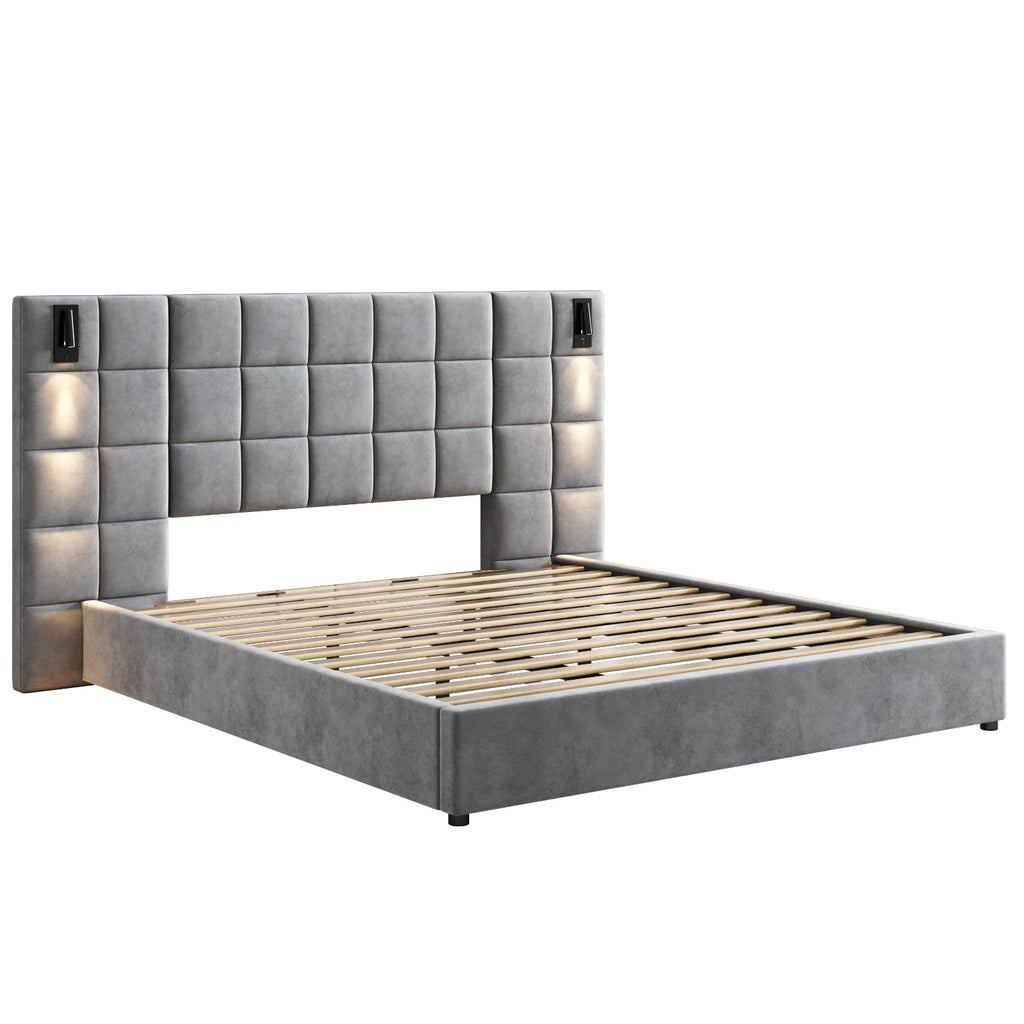 King Size Upholstered Velvet Platform Bedframe & Headboar,wide headboard