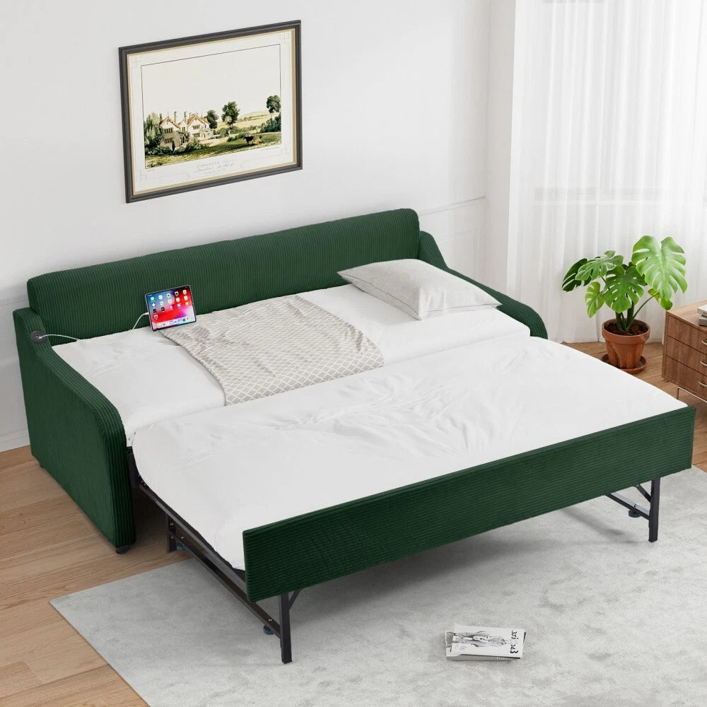 82" Upholstered Twin Size Daybed with Pop Up Trundle to King Day Bed w/USB Port