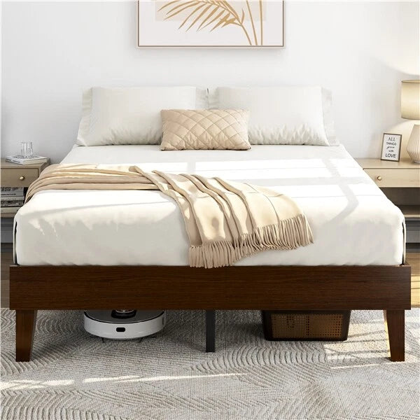 Wooden Platform Bed Frame w/Plywood Slats, Easy Assembly, Dark Walnut Finish