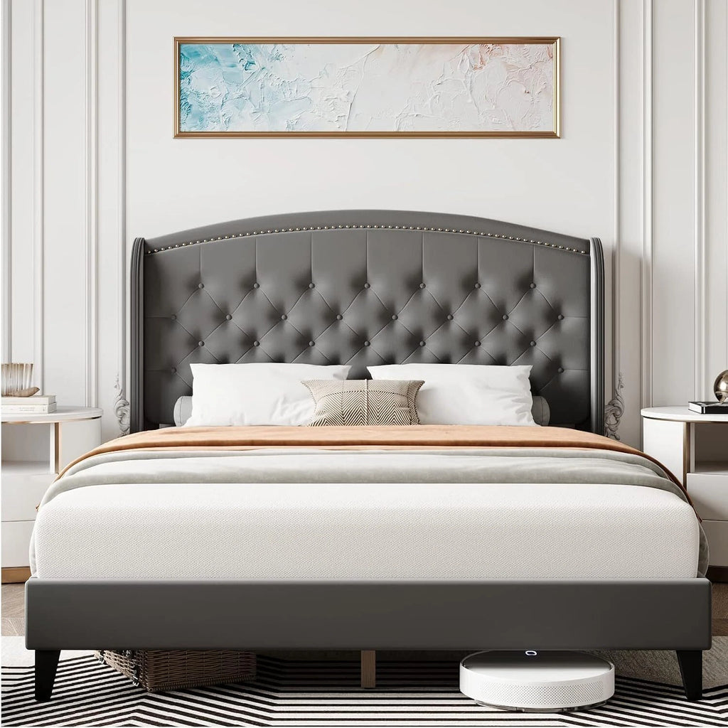 Full Queen King Size Bed Frame Upholstered Platform Bed with Wingback Headboard