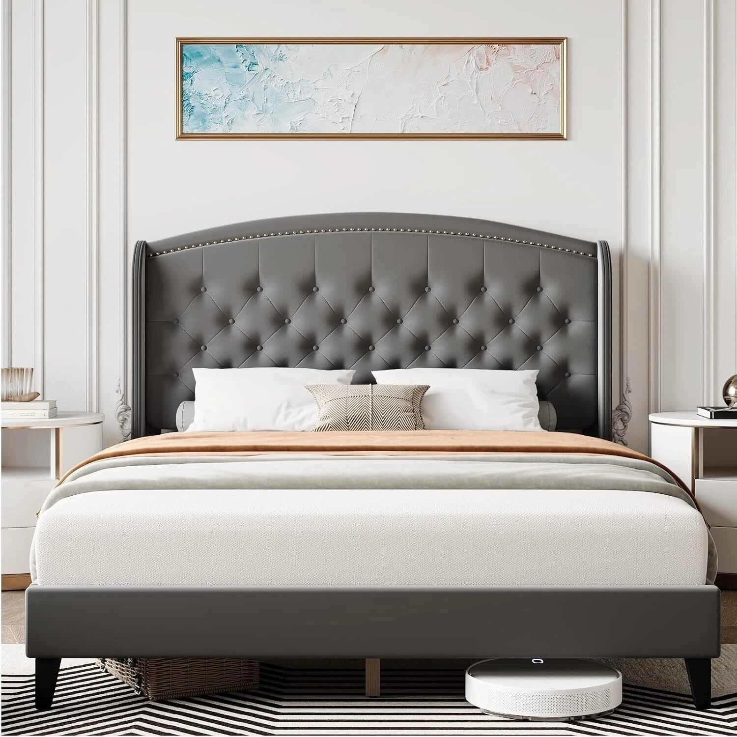 Full Queen King Size Bed Frame Upholstered Platform Bed with Wingback Headboard