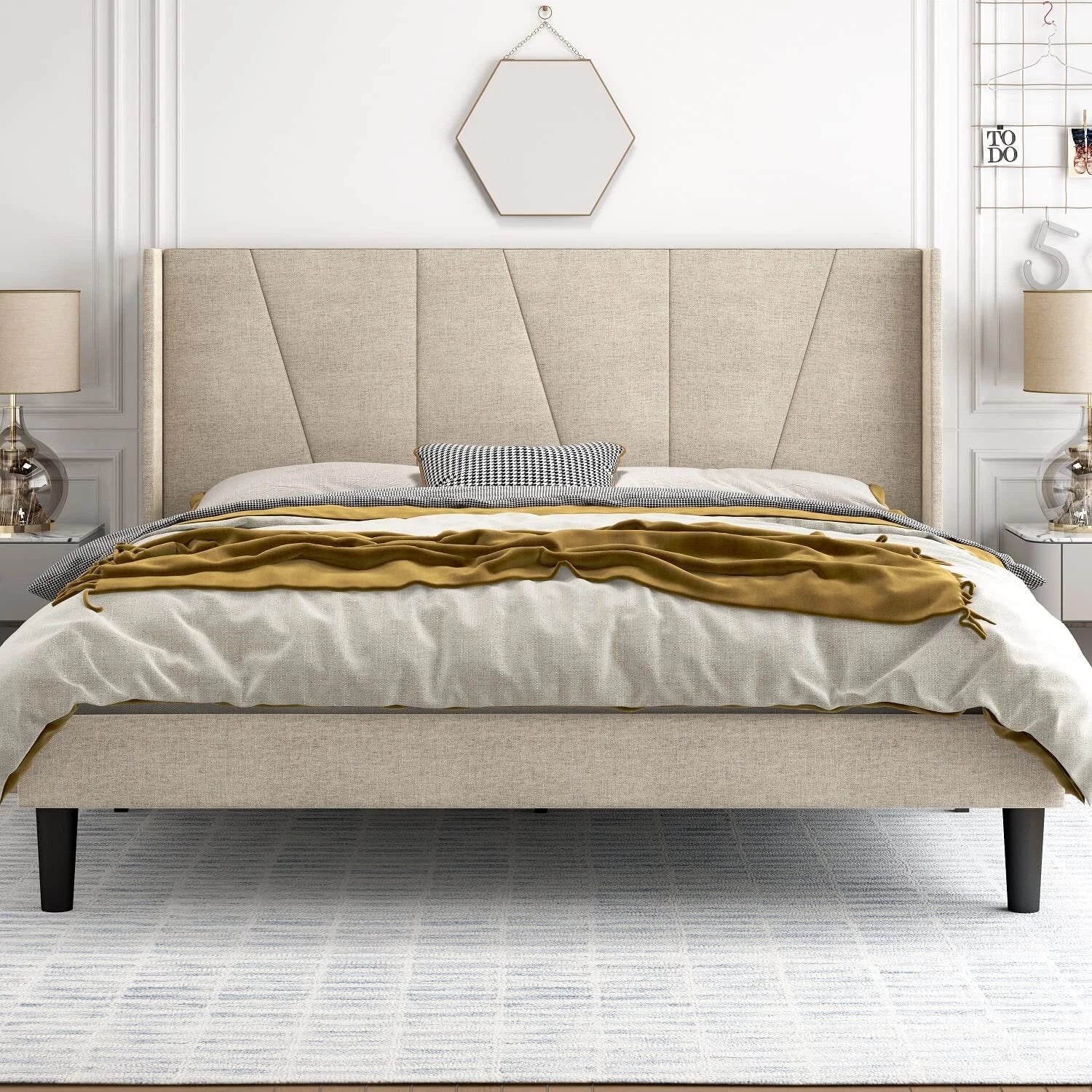 King Size Platform Bed Frame with Geometric Wingback Headboard, Beige