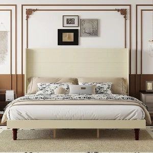 Stylish Bed Frame,54 "High Headboard Bed King Size Beige Bed Frame for Bedroom